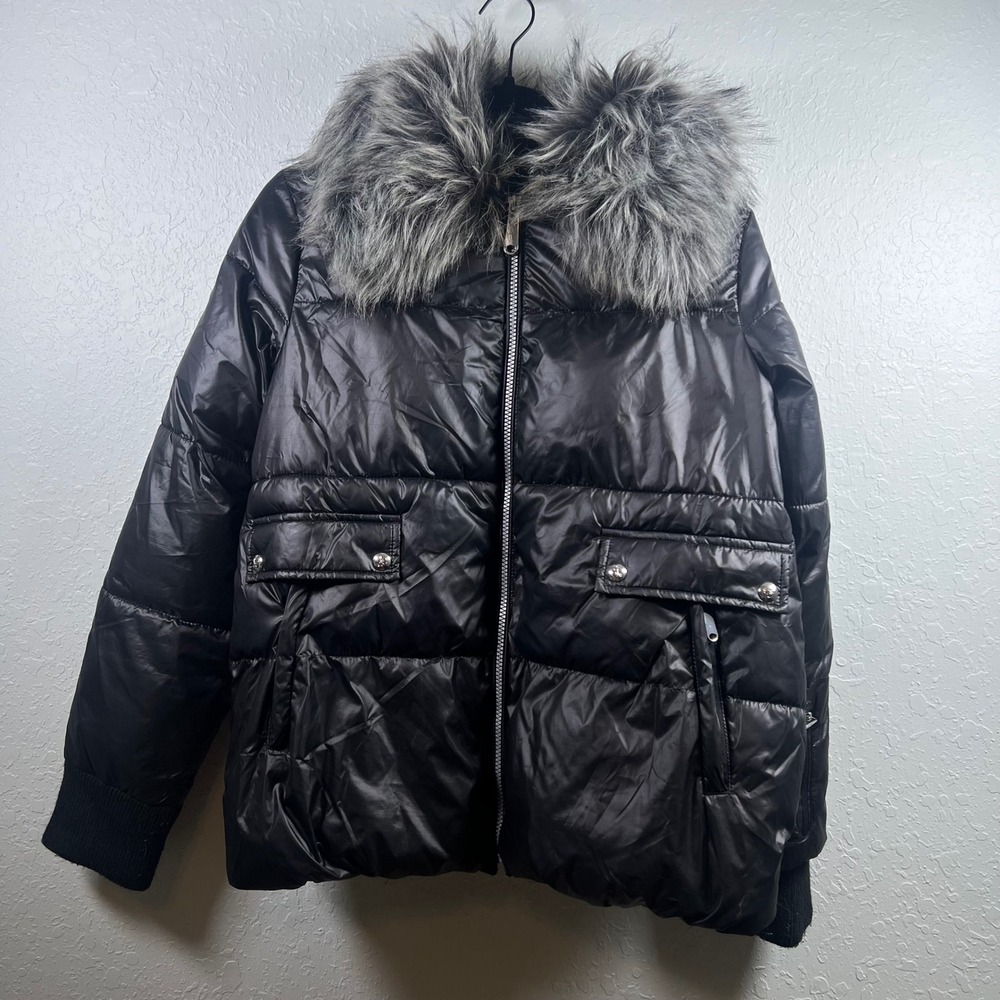 Sam Edelman Puffer Jacket Women Winter Coat Removable Faux Fur Quilted L Black